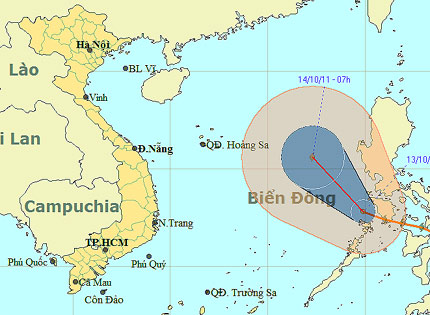 Bão Banyan suy yếu thành ATNĐ nhưng vẫn mạnh cấp 7 và có khả năng mạnh lại thành bão (Ảnh: Trung tâm dự báo KTTV TƯ)